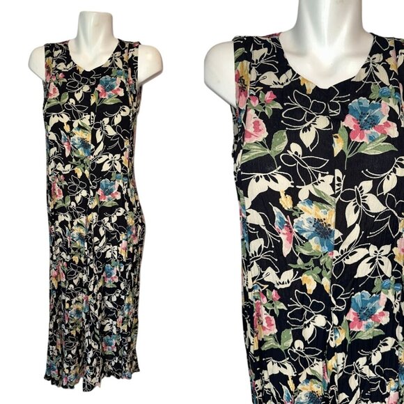 Vtg 90s Black Floral Dress Sleeveless Tank Crinkle Rayon Grunge Size Small Petit - Picture 1 of 7